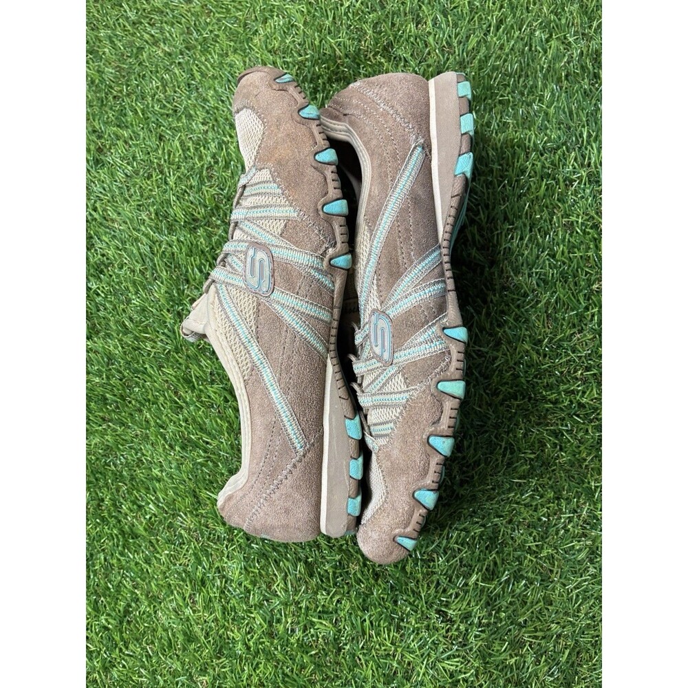 Skechers Bikers Leather Mesh Slip On Sneakers Taupe Turquoise Women’s Size 8.5
